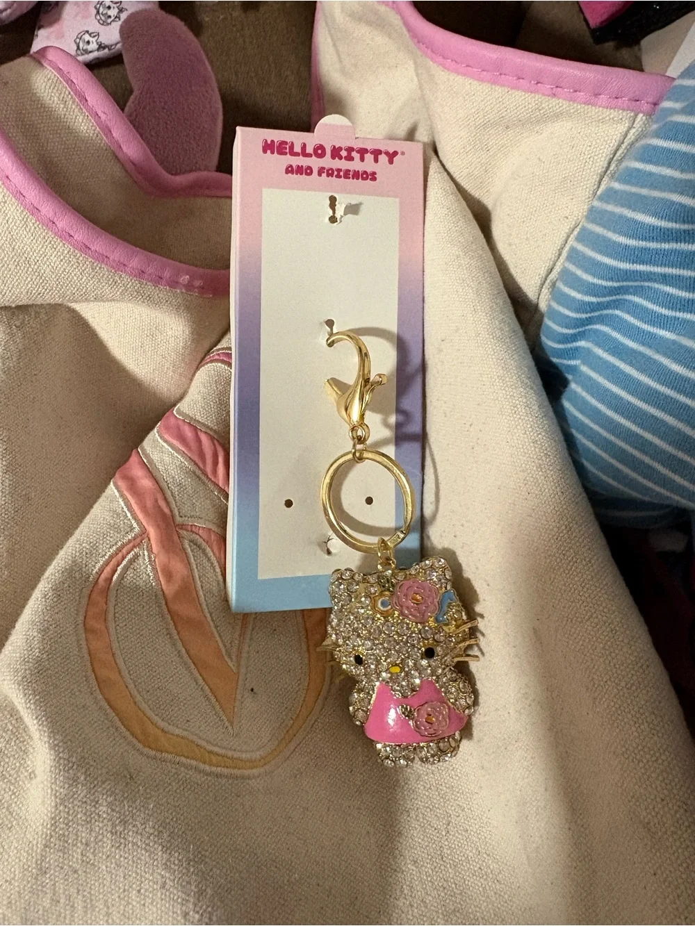 Gold Crystal Hello Kitty Keychain with Pink Accents
